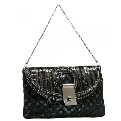 Evening Bag - 12 PCS - Sequined Checker w/ Croc Embossed Dual Flap - Black - BG-CE9913BK